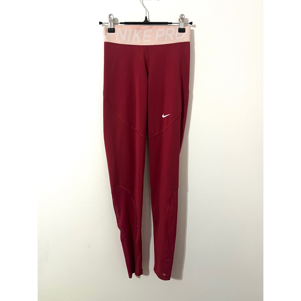 NIKE Pro Leggings Women XS Red Pink Mesh Panel Dri-FIT Athletic Gym Yoga Active